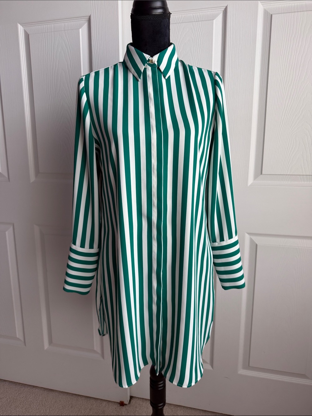 Green and White Vertical Stripe Long-Sleeve Shirt Dress